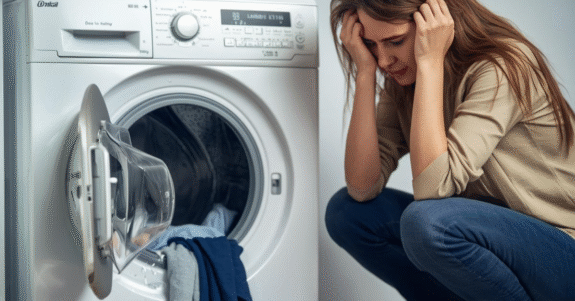 Vrouw zit met handen in het haar naast kapotte wasmachine