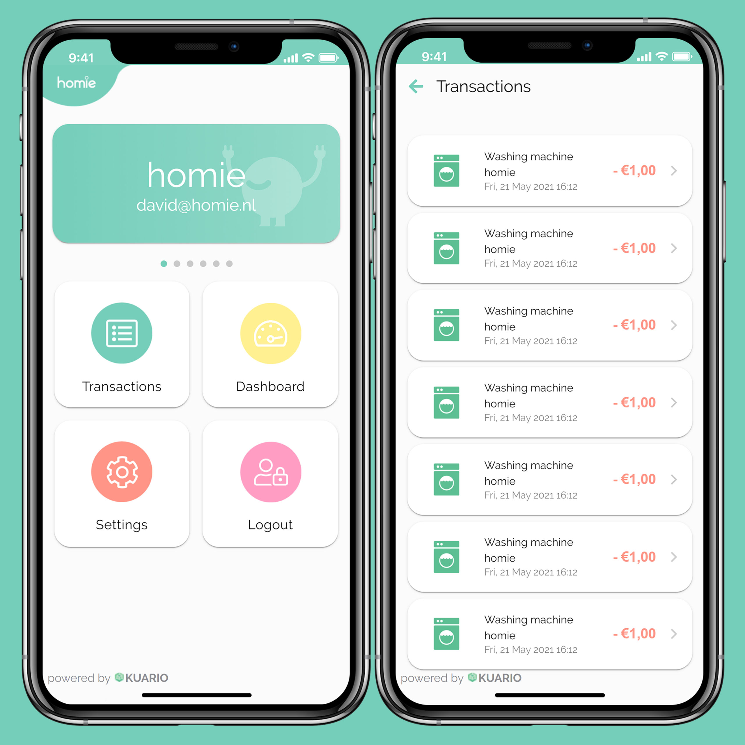 Homie pay per use app functies en inzicht transacties